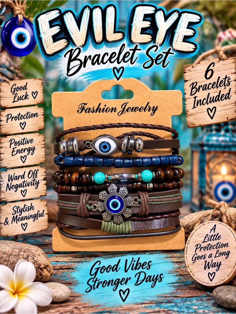 Fashion Jewelry Evil Eye Bracelet Set - Adjustable